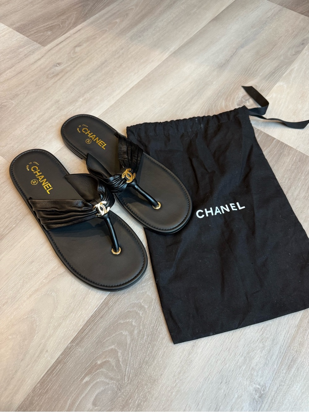 Brand new Matthieu Blazy collection CHANEL Black Leather Thong Sandal